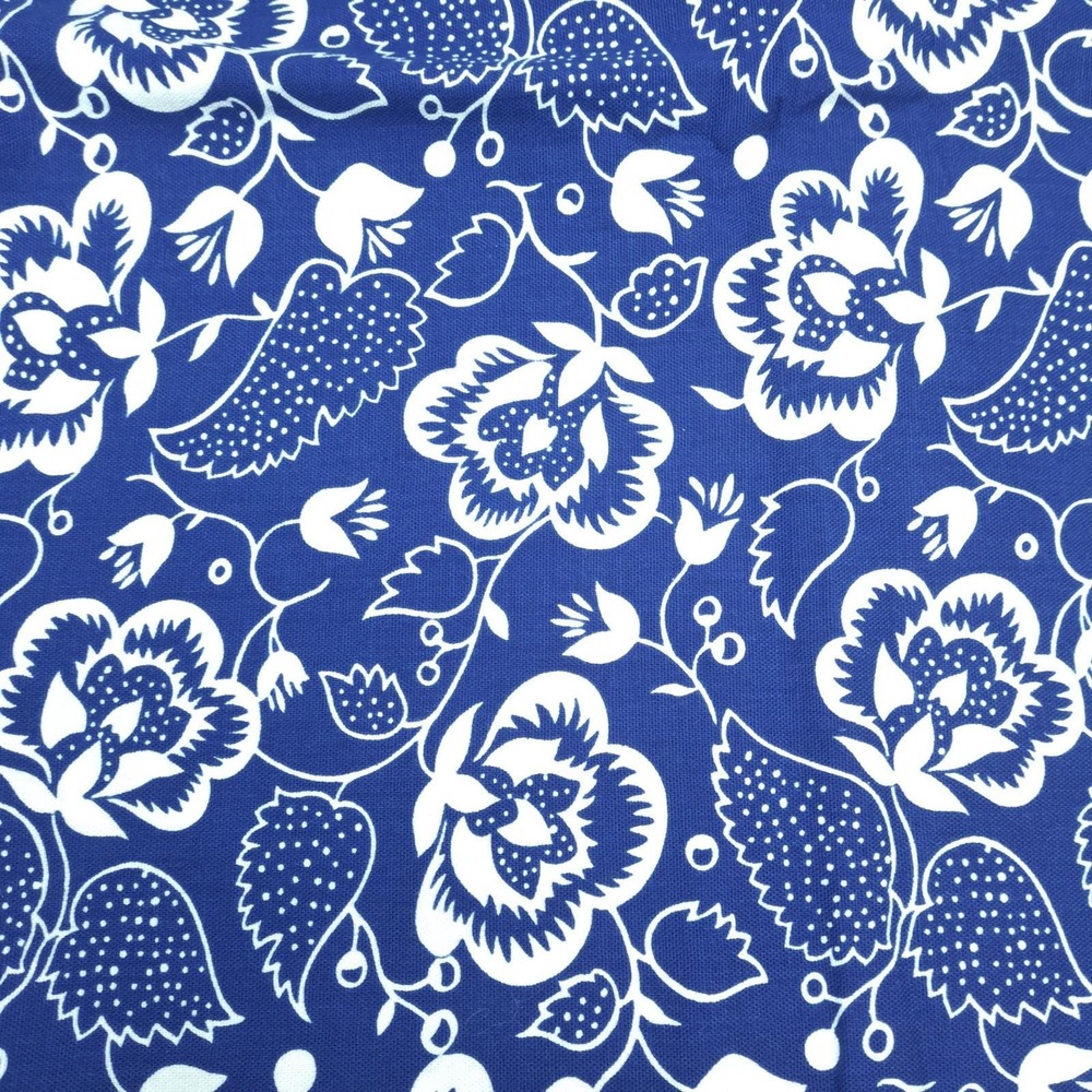 Vintage Blue White Floral Paisley Cotton Twill 80"x45" Woodblock Print 2.2 Yds